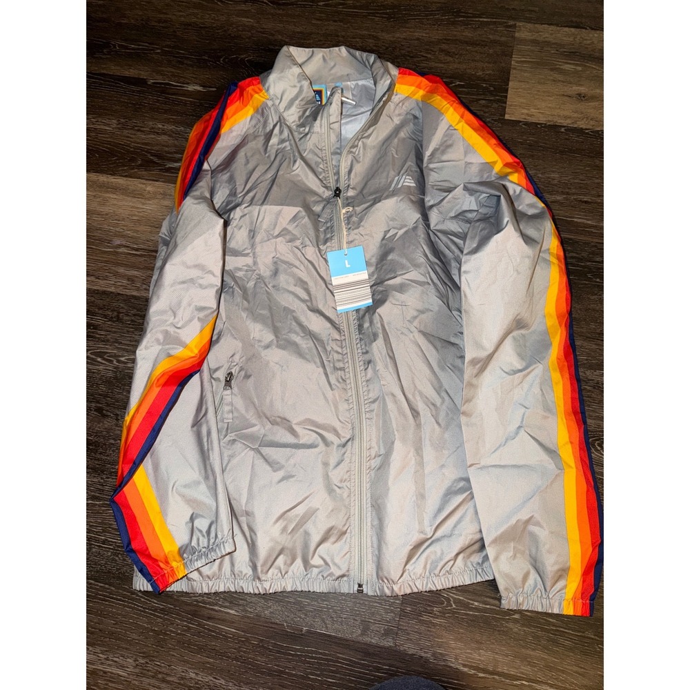 Aldi‎ Gear Silver Windbreaker Jacket Rainbow Stripe Full Zip unisex Large New